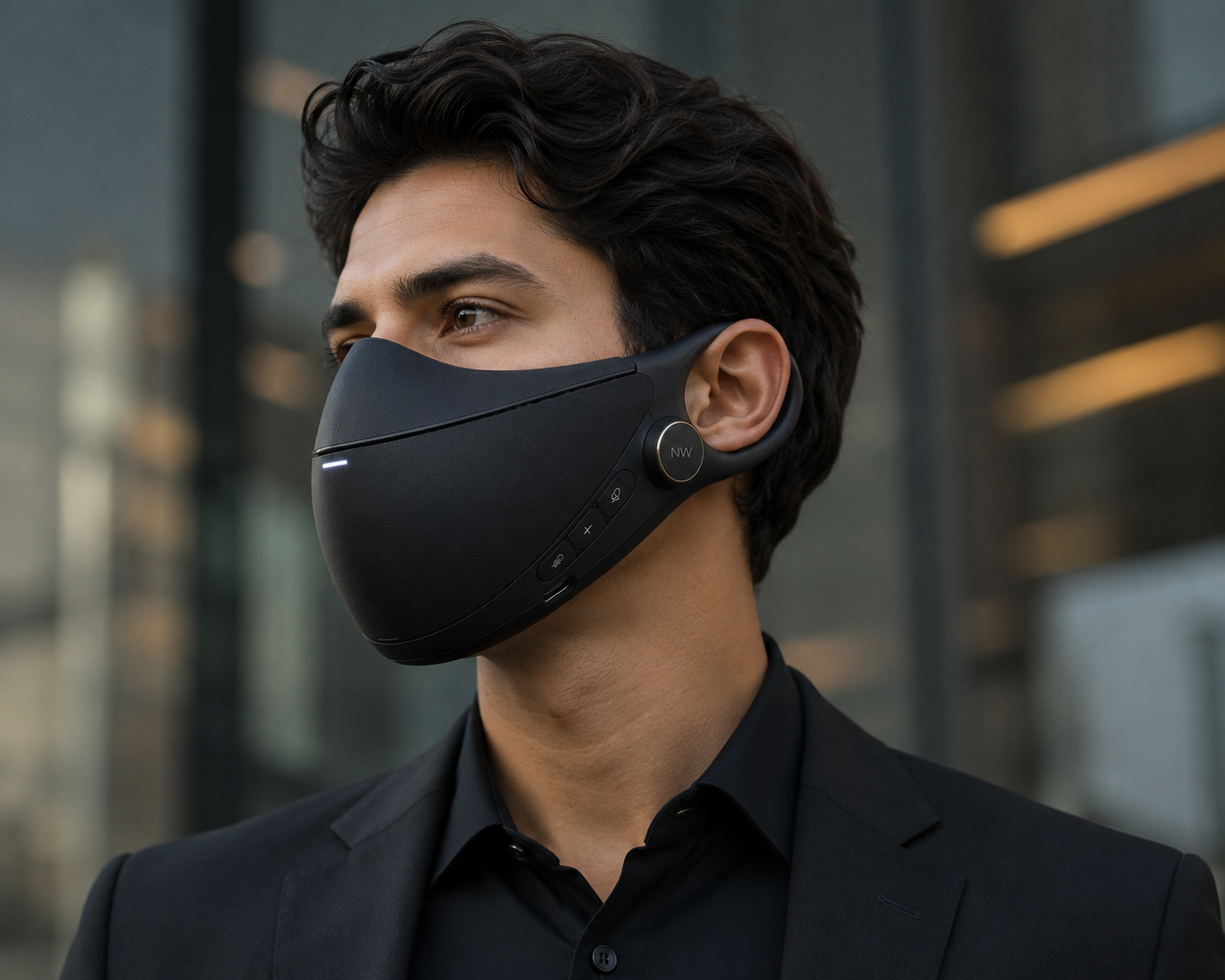 Person wearing NullWave mask in a modern city